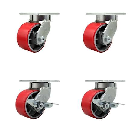 Service Caster 6'' Heavy Duty Red Poly on Cast Iron Wheel Swivel Caster Set with 2 Brakes, 4PK CRAN-SCC-KP92S630-PUR-RS-2-SLB-2